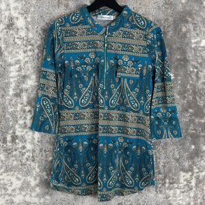 Ninedaily Womens Size S Floral Stretch 1/4 Zip Top Blue Roll Tab Sleeve